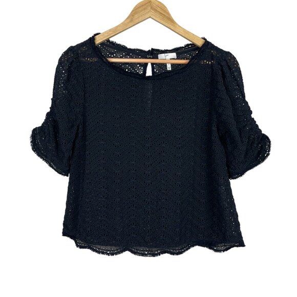 JOIE FANNY B BLACK EYELET PUFF SLEEVE SILK TOP - Picture 1 of 9